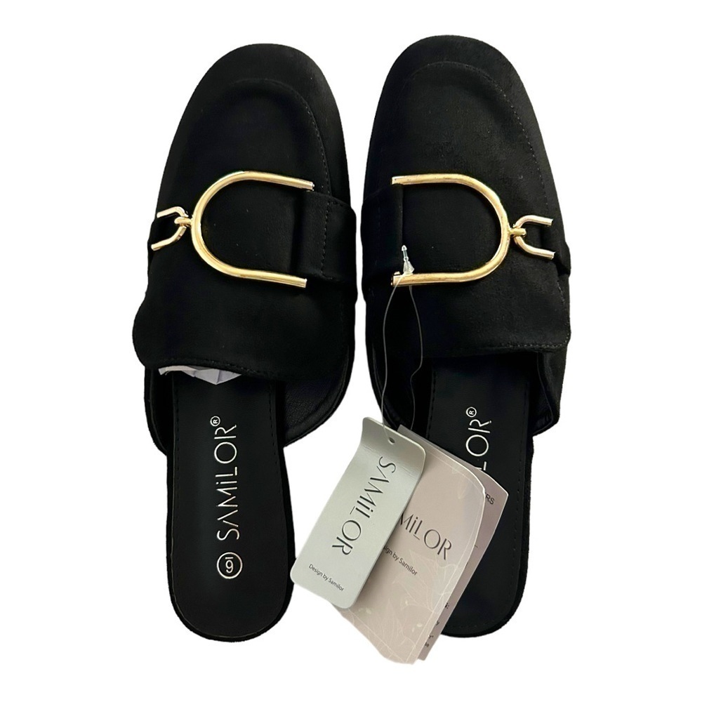 SAMILOR Flat Slip On Black Loafer Mule With Gold‎ Buckle Detail Size 6